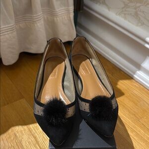 Aquazzura Baby Zarina Black Suede Flats with Fur Pom Pom